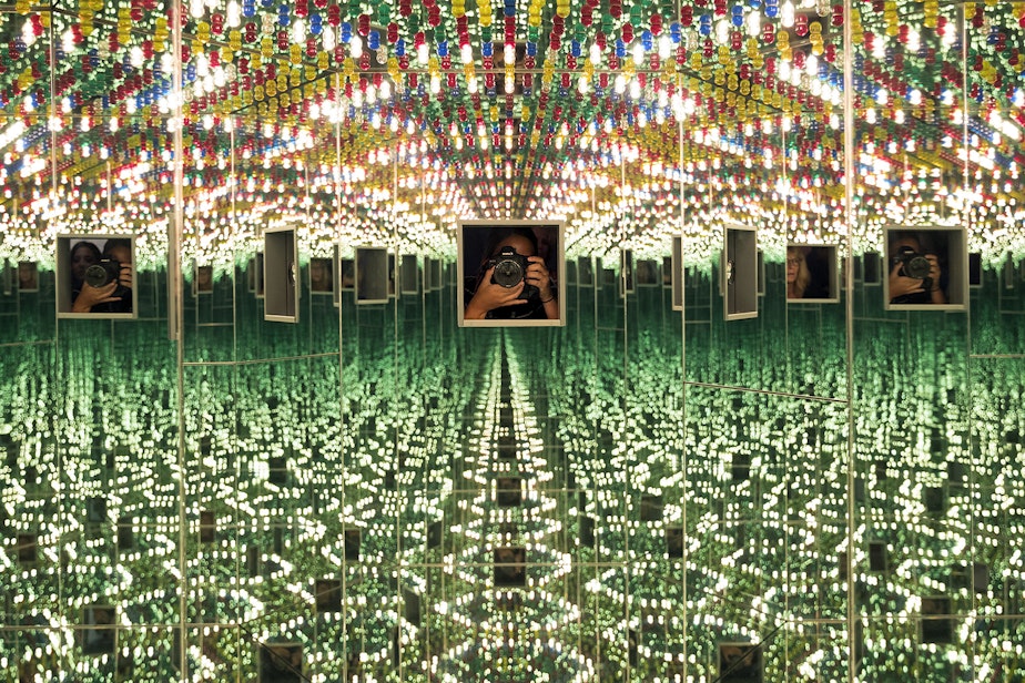 caption: "Infinity Mirrored Room, Love Forever" is shown on Wednesday, August 2, 2017, at artist Yayoi Kusama's Infinity Mirror's exhibit, at the Seattle Art Museum on 1st  Ave., in Seattle. 