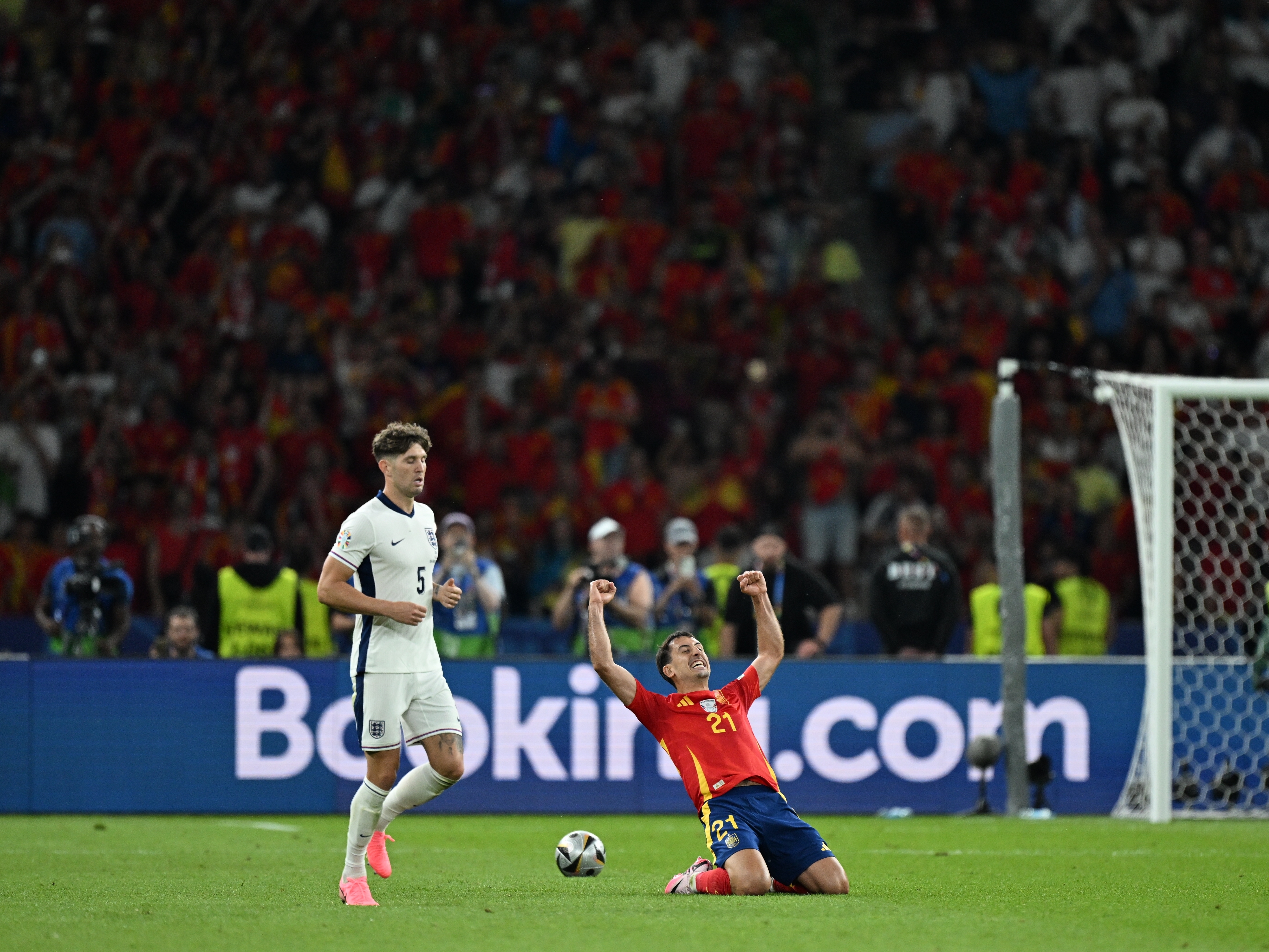caption: Mikel Oyarzabal of Spain celebrates as Spain wins the UEFA European Championship final match against England at Olympiastadion in Berlin on Sunday.