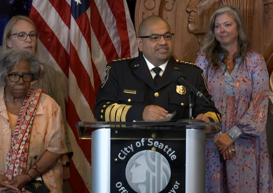 caption: Adrian Diaz officially became chief of the Seattle Police Department on Sept. 20, 2022 after serving as interim chief for two years. 