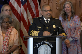 caption: Adrian Diaz officially became chief of the Seattle Police Department on Sept. 20, 2022 after serving as interim chief for two years. 