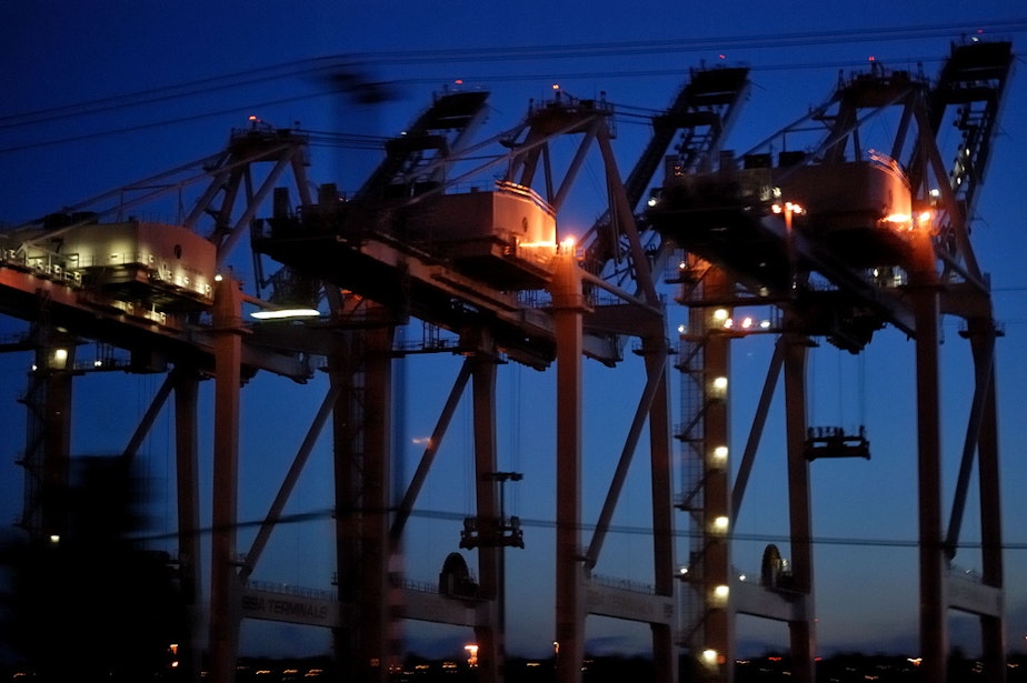 caption: Port of Seattle cranes loom overhead. After a port slowdown last year, retailers and growers are trying to repair the damage of lost business.