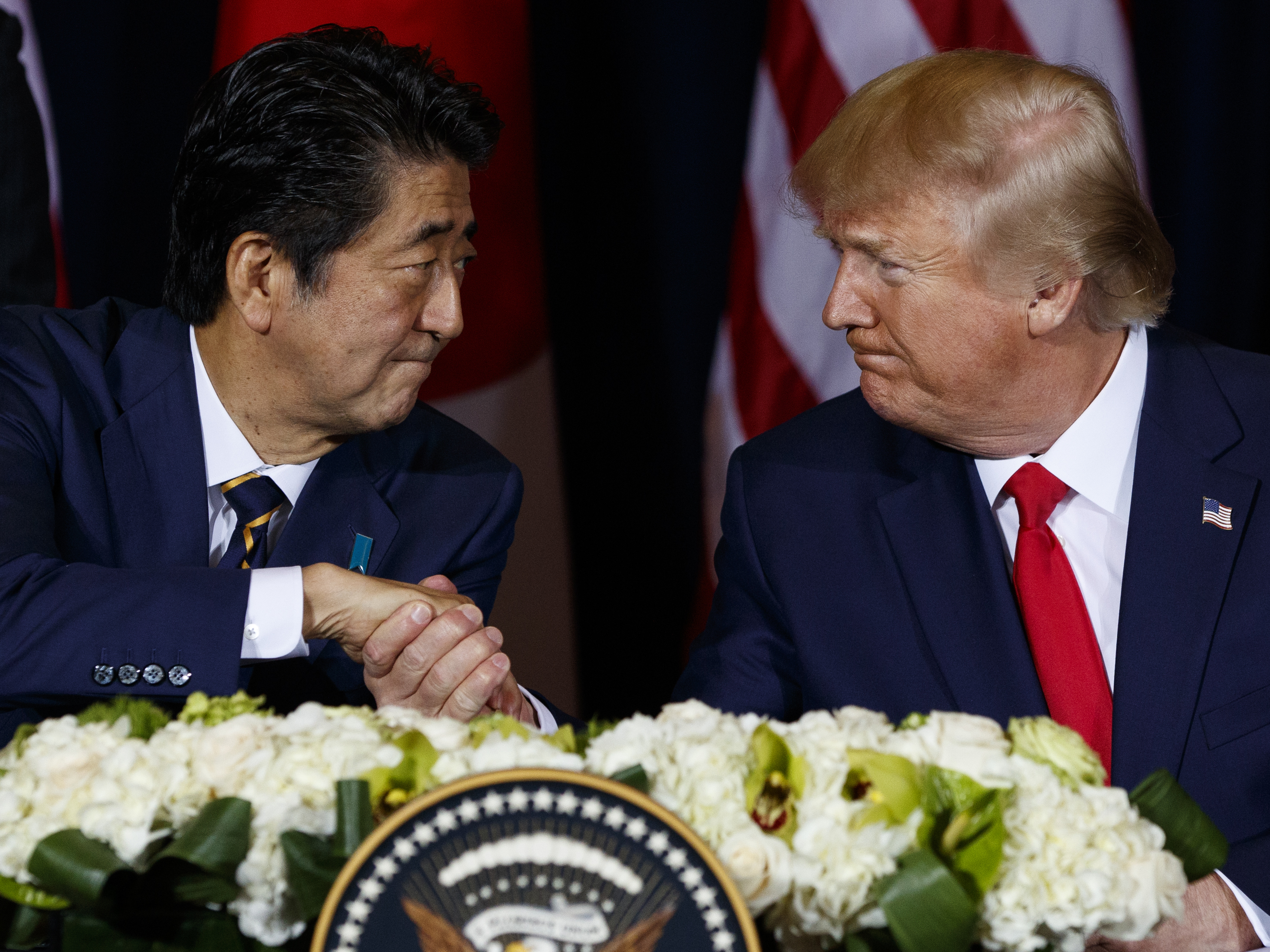 caption: President Trump signed a partial trade agreement along with Japanese Prime Minister Shinzo Abe in New York, where the two leaders are attending the United Nations General Assembly.
