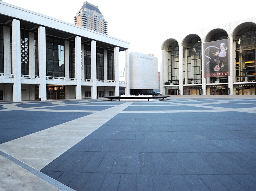 caption: An empty Lincoln Center will be a much more common sight over the coming weeks; all its constituent organizations have all closed temporarily due to coronavirus worries.