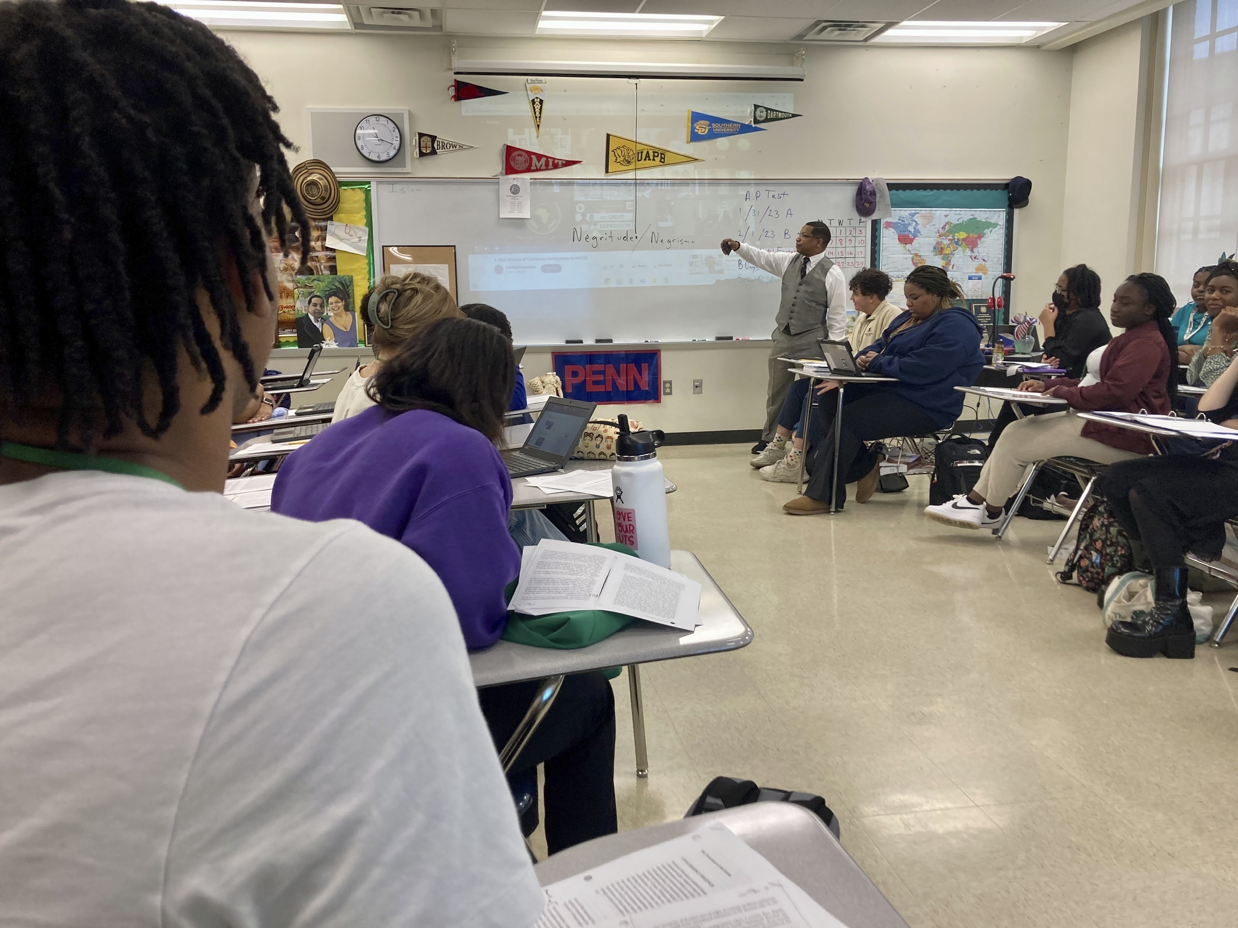 caption: Emmitt Glynn teaches AP African American studies to a group of Baton Rouge Magnet High School students on Jan. 30 in Baton Rouge, La. It was one of 60 schools around the country testing the new course.