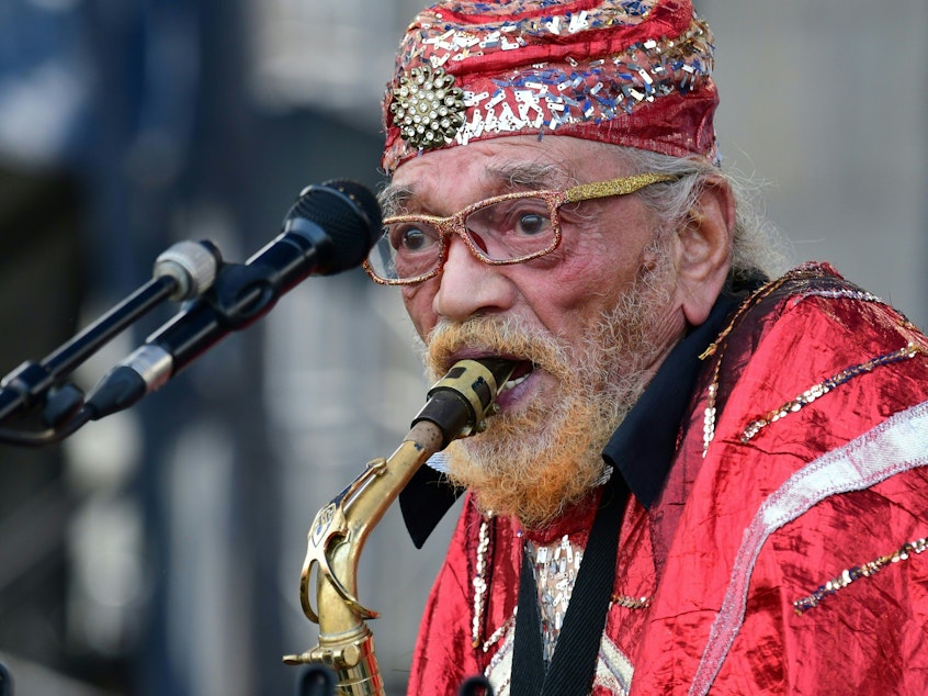 caption: <em>Swirling</em> is the first album in over 20 years from the Sun Ra Arkestra, now led by 96-year-old saxophonist Marshall Allen.