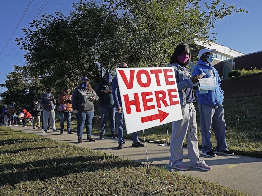 caption: Voters line up to cast their ballots in the 2020 presidential election in Durham, N.C. The U.S. Supreme Court has agreed to hear a North Carolina redistricting case this fall about how much power state legislatures have over how federal elections are run.