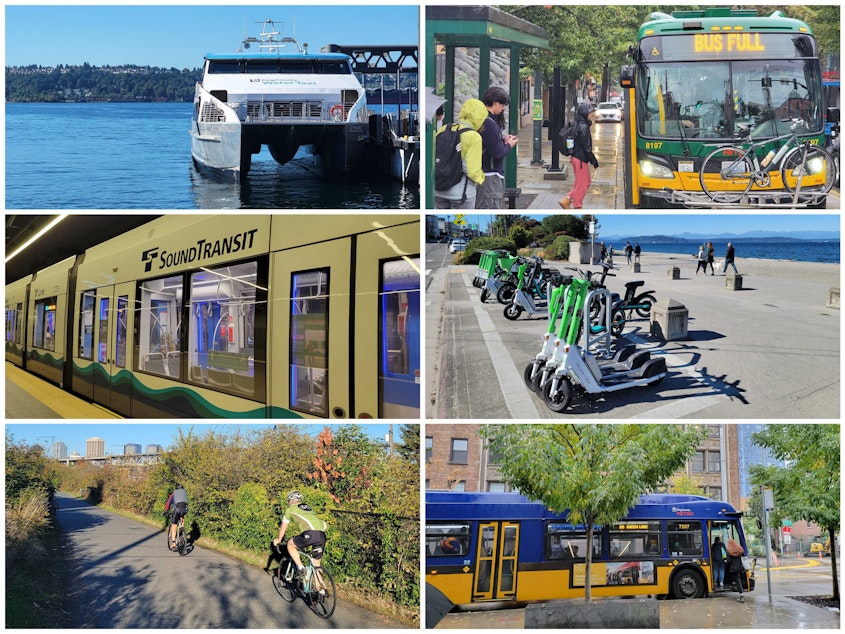 caption: The many modes of transportation Seattleites took advantage of during #WeekWithoutDriving Oct. 2-8, 2023.