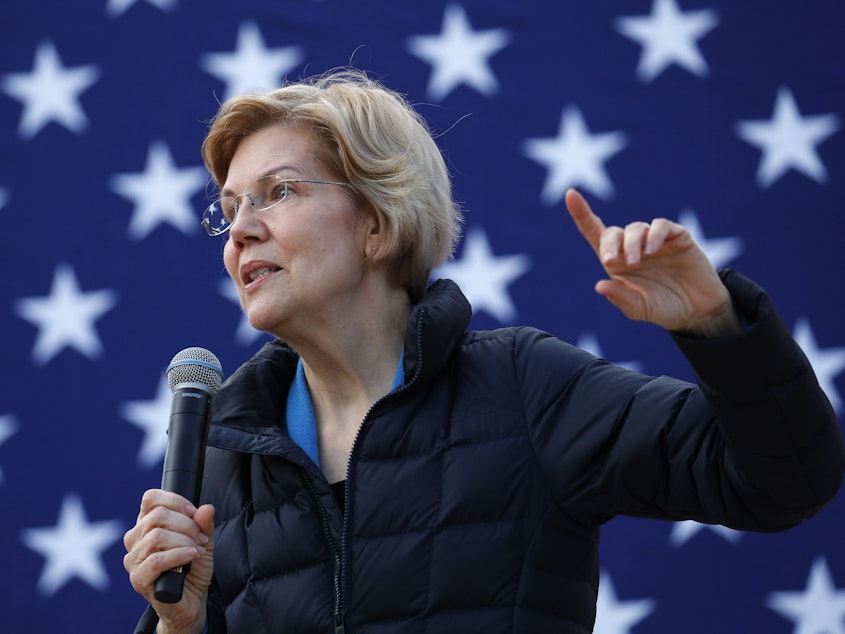 caption: Presidential candidate Sen. Elizabeth Warren, D-Mass., at an organizing event in February. Warren says she wants to get rid of the Electoral College, and vote for president using a national popular vote.