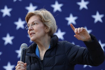 caption: Presidential candidate Sen. Elizabeth Warren, D-Mass., at an organizing event in February. Warren says she wants to get rid of the Electoral College, and vote for president using a national popular vote.