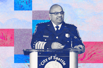 caption: Collage of Seattle Police Chief Adrian Diaz against textured background. Photo courtesy of the Seattle Channel.