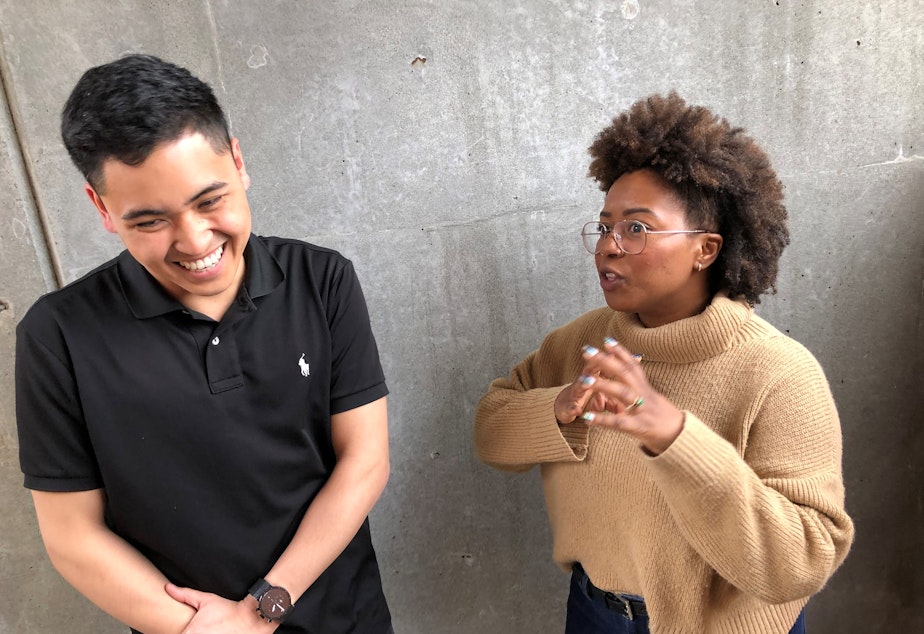 caption: KUOW Curiosity Club members Joe Santiago and Ishea Brown talk after recording a follow-up conversation at KUOW Public Radio in Seattle. March 25, 2019.