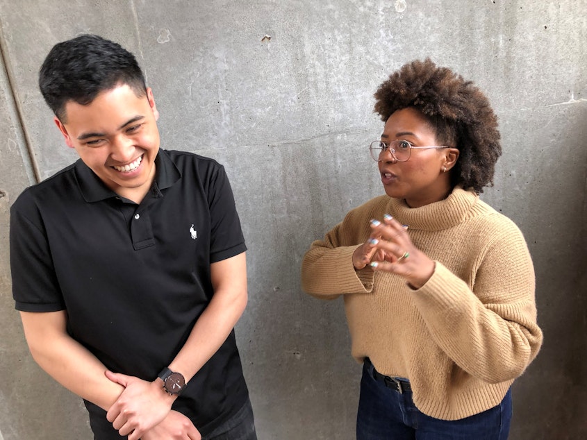 caption: KUOW Curiosity Club members Joe Santiago and Ishea Brown talk after recording a follow-up conversation at KUOW Public Radio in Seattle. March 25, 2019.