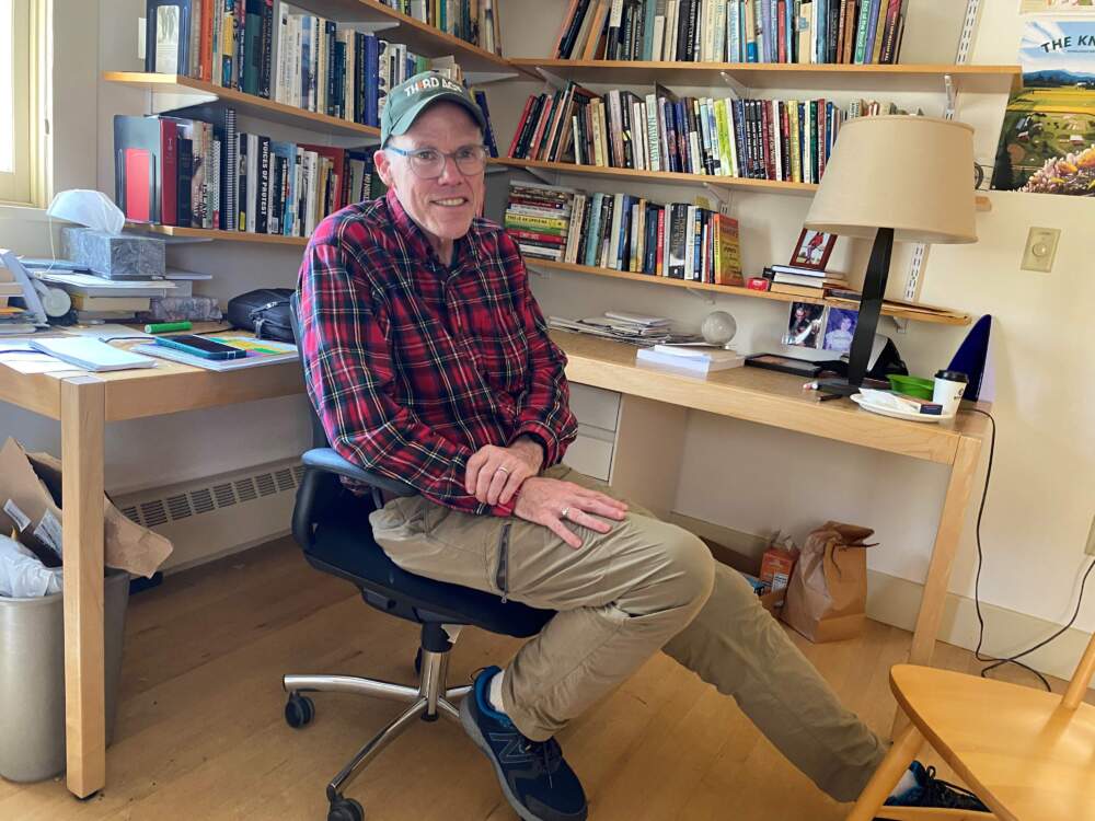 caption: Bill McKibbon, in his office at Middlebury College. The climate change activist has founded Third Act, an effort to recruit Americans over 60 to save the climate and democracy. (Anthony Brooks/WBUR)
