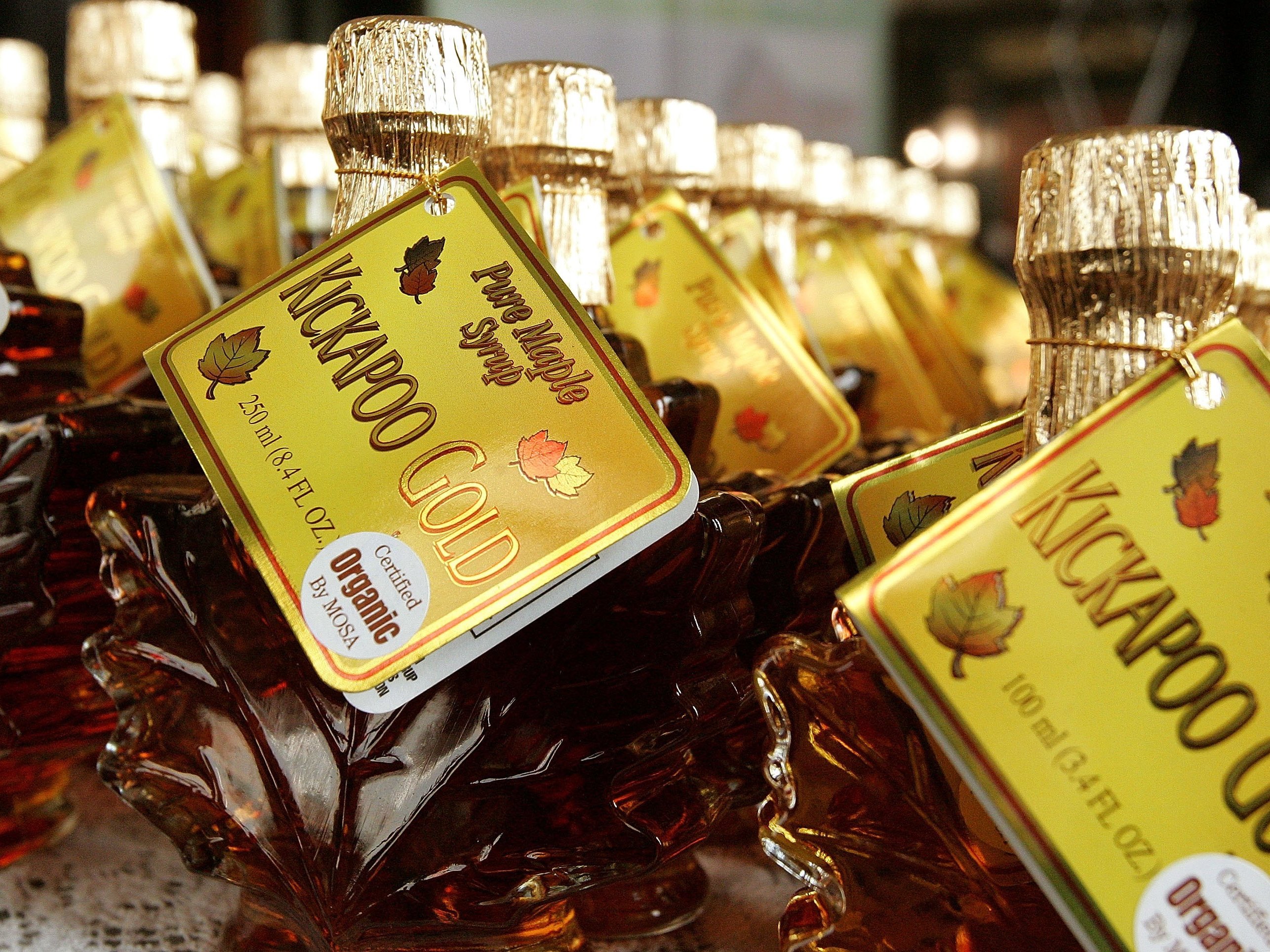 CHICAGO - MARCH 10: Bottles of Kickapoo Gold organic maple syrup are displayed at the FamilyFarmed.org EXPO March 10, 2006 at the Chicago Cultural Center in downtown Chicago, Illinois.  (Photo by Tim Boyle/Getty Images