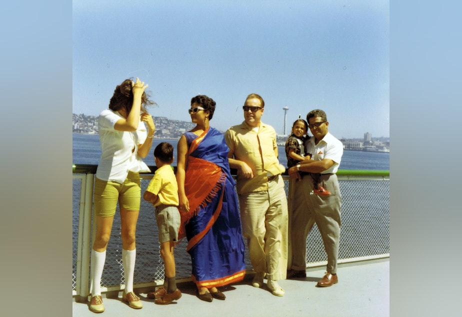 caption: The RajGuru family was one of the first Indian families to move to Redmond in 1969. Matriarch Madhavi Rajguru's saris would often inspire curiosity.