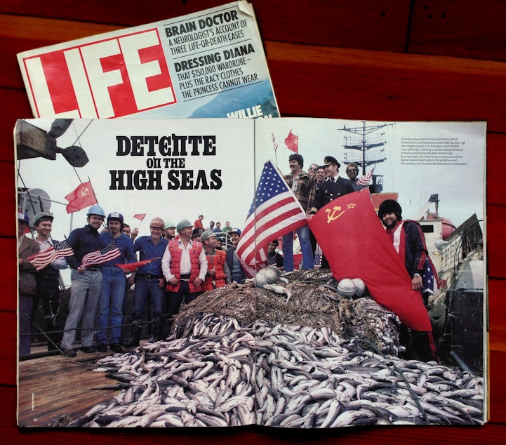 caption: A copy of Life Magazine details the joint fishing venture between the US-Societ Union during the Cold War. 