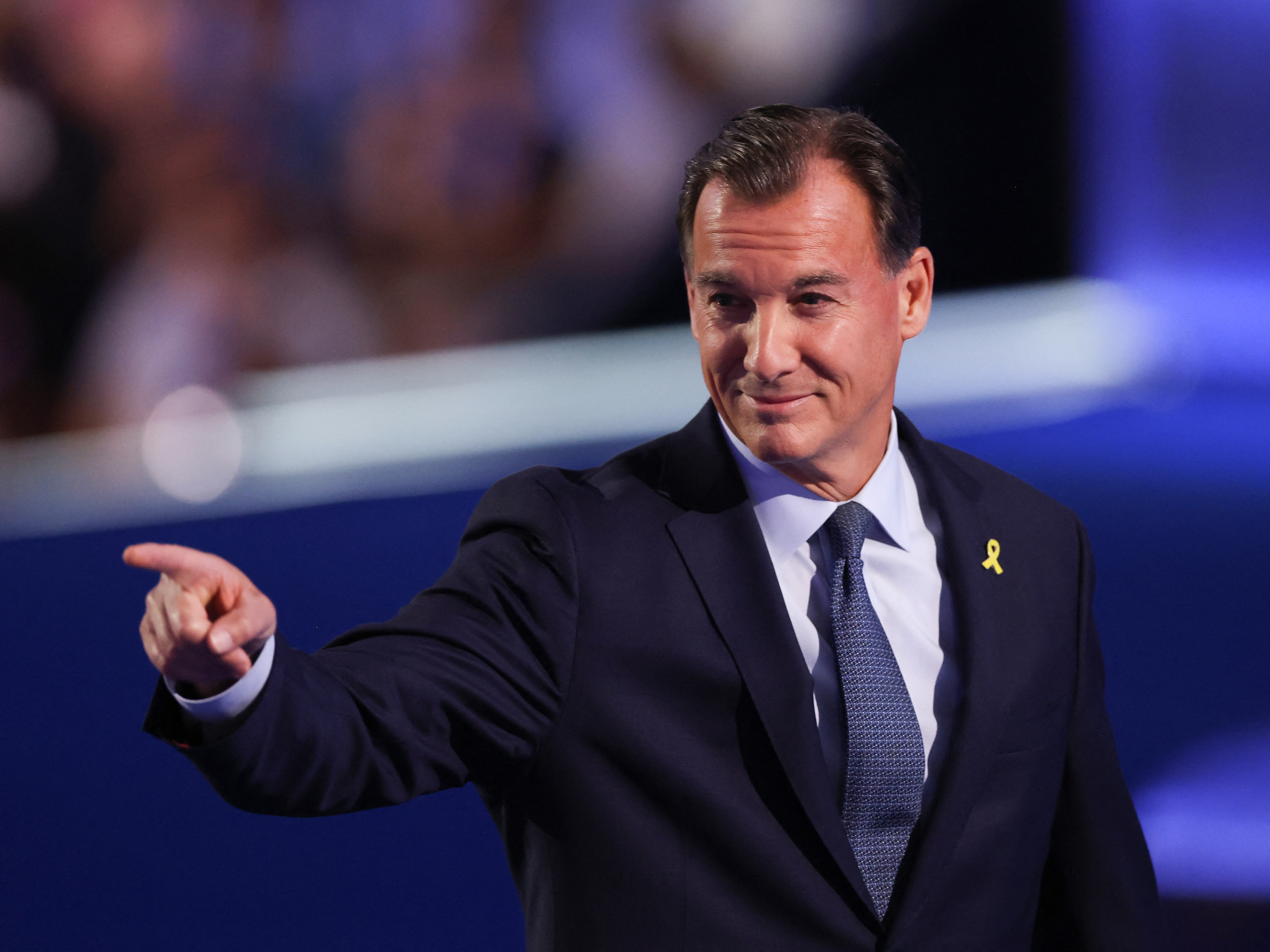 caption: New York Rep. Tom Suozzi, seen here at the Democratic National Convention on August 21, 2024, says Democrats' strategy to take back the House next year can't only be fueled by opposition to President Trump. (Photo by CHARLY TRIBALLEAU / AFP) (Photo by CHARLY TRIBALLEAU/AFP via Getty Images)