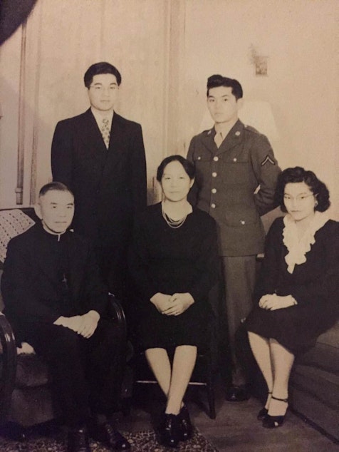 caption: From left, Gennosuke Shoji, Joseph Shoji, Kane Shoji, Sam Shoji, Elizabeth Shoji.