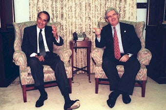 caption: Newt Gingrich, the incoming speaker of the House, meets with Dole, then Senate majority leader, on Capitol Hill on Jan. 3, 1995. The 104th Congress had a Republican majority in both chambers for the first time since 1954.