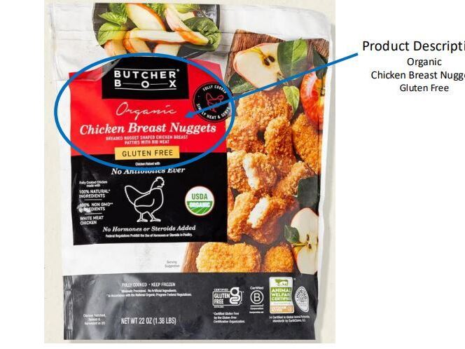 caption: The USDA is asking consumers to throw away any potentially contaminated products, including the organic gluten-free chicken breast nuggets seen here. The affected products have a "best if used by" date of March 23, 2025. 