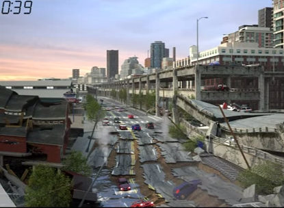 caption: A scene from a simulation by the Washington State Department of Transportation of what could happen if a massive earthquake hits the Alaskan Way Viaduct. 