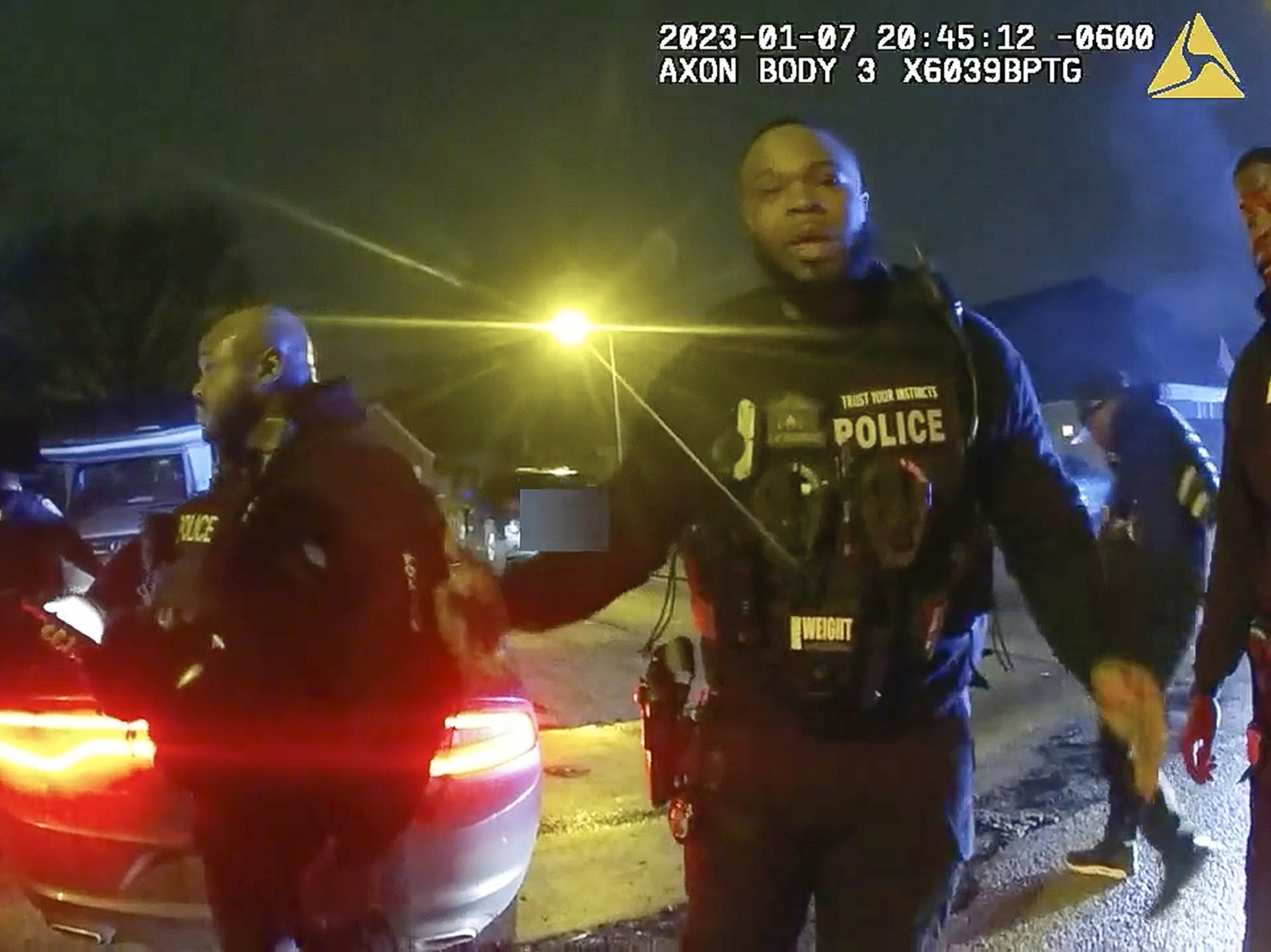 caption: The image from video released on Jan. 27, 2023, by the City of Memphis, shows police officers talking after a brutal attack on Tyre Nichols by five Memphis police officers on Jan. 7, 2023, in Memphis, Tenn. Nichols died on Jan. 10. The five officers have since been fired and charged with second-degree murder and other offenses.