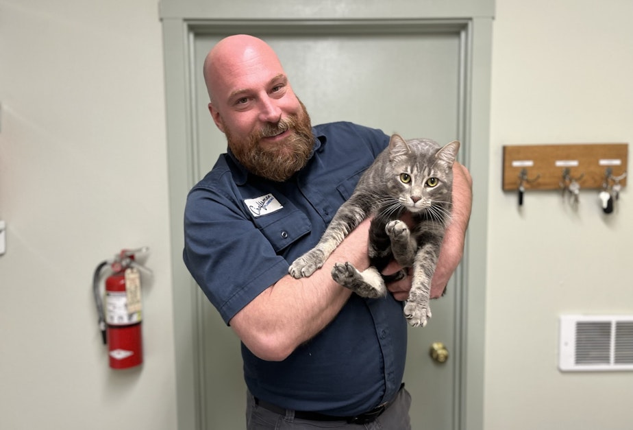 caption: Dusty Hoerler with one of the Craftsman Plumbing shop cats