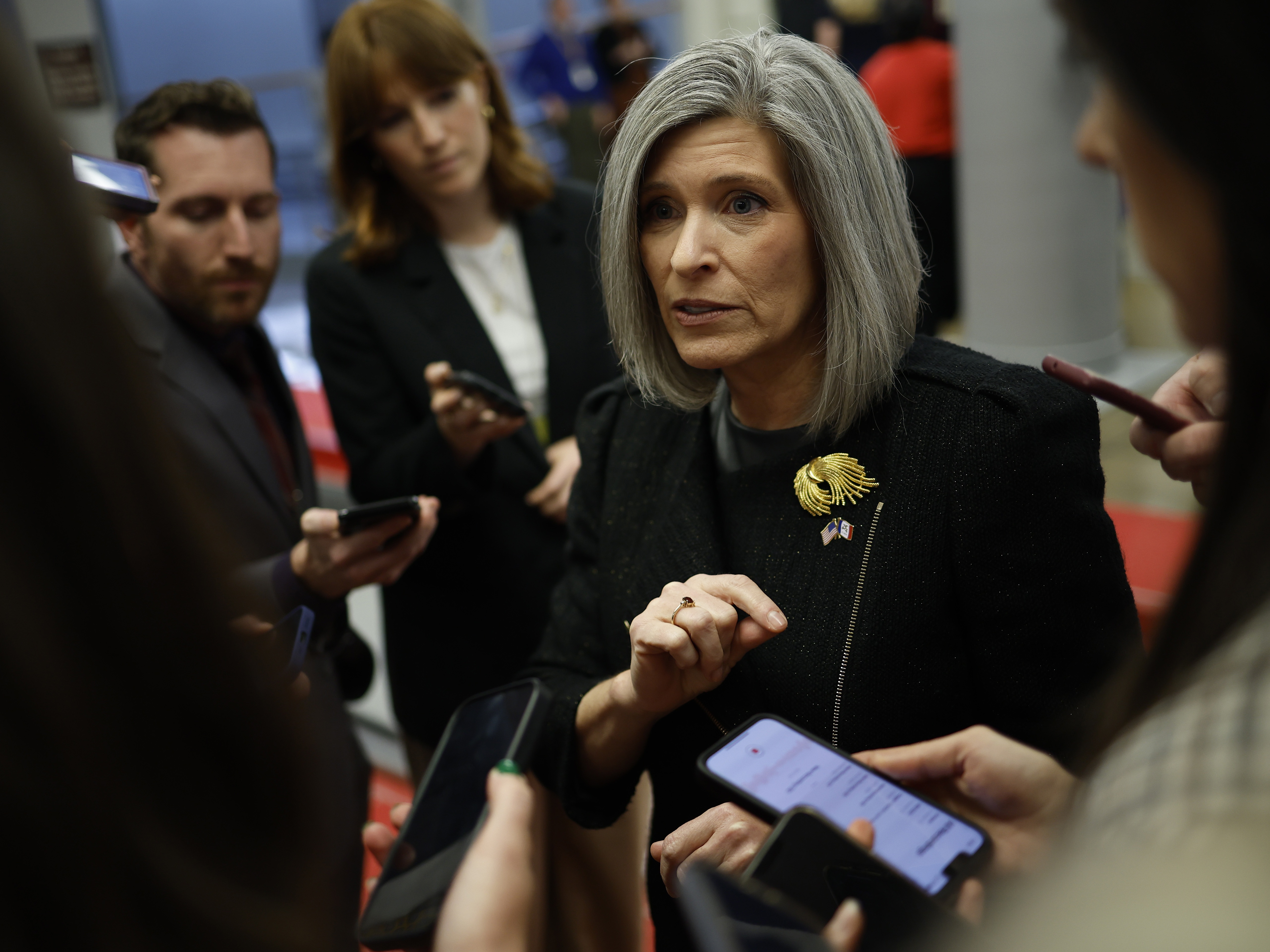 caption: U.S. Sen. Joni Ernst, R-Iowa, speaks to reporters as she walks to a Senate luncheons at the U.S. Capitol on Nov. 19, 2024.