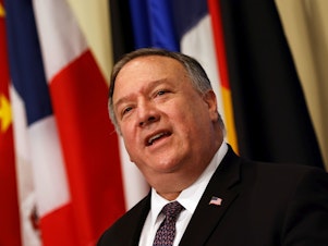 caption: Secretary of State Mike Pompeo speaks to reporters Thursday after meeting with members of the U.N. Security Council and calling for the restoration of sanctions against Iran.