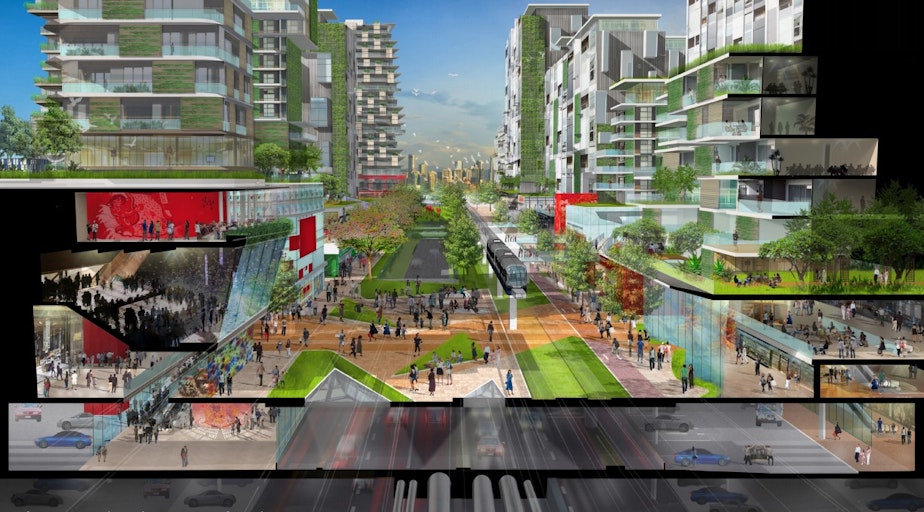 caption: Artist's rendering of Forest City, Malaysia by Sasaki Design