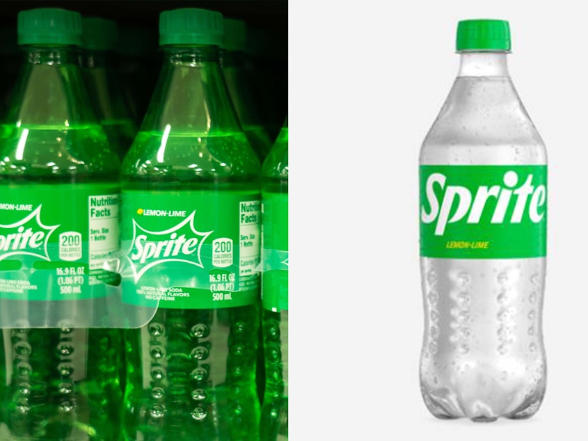 caption: On left, the classic green Sprite bottle. On the right, the new clear bottle.