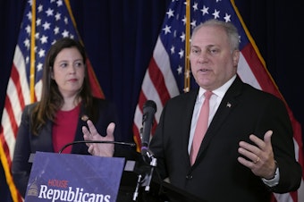 caption: House Majority Leader Steve Scalise of Louisiana speaks at a House Republican Conference news conference in Washington on May 23.