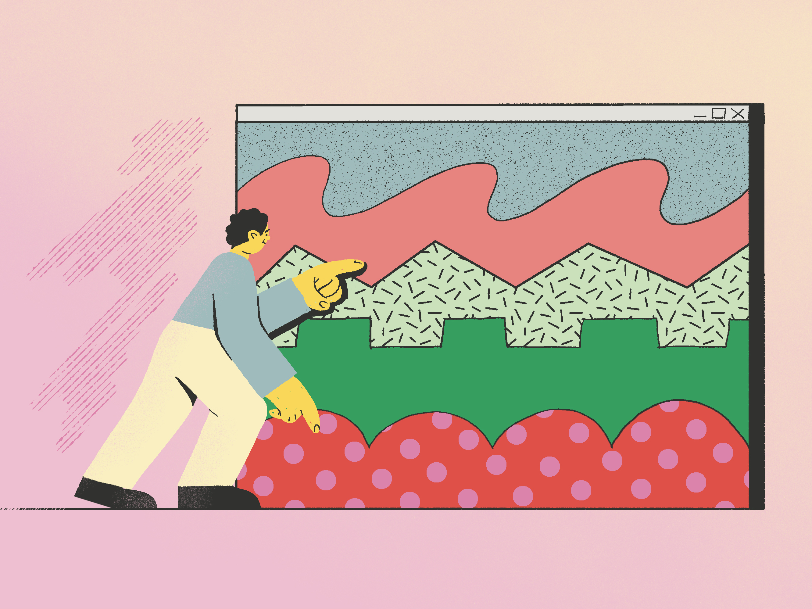 caption: Illustration of a person standing in front of a life-sized chart showing different colors in waves and lines representing them balancing their stock portfolio.