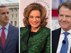 caption: Former Trump campaign manager Corey Lewandowski (left), former deputy national security adviser designate Kathleen Troia "K.T." McFarland and former White House counsel Don McGahn were named in Robert Mueller's report as people who did not carry out President Trump's asks.