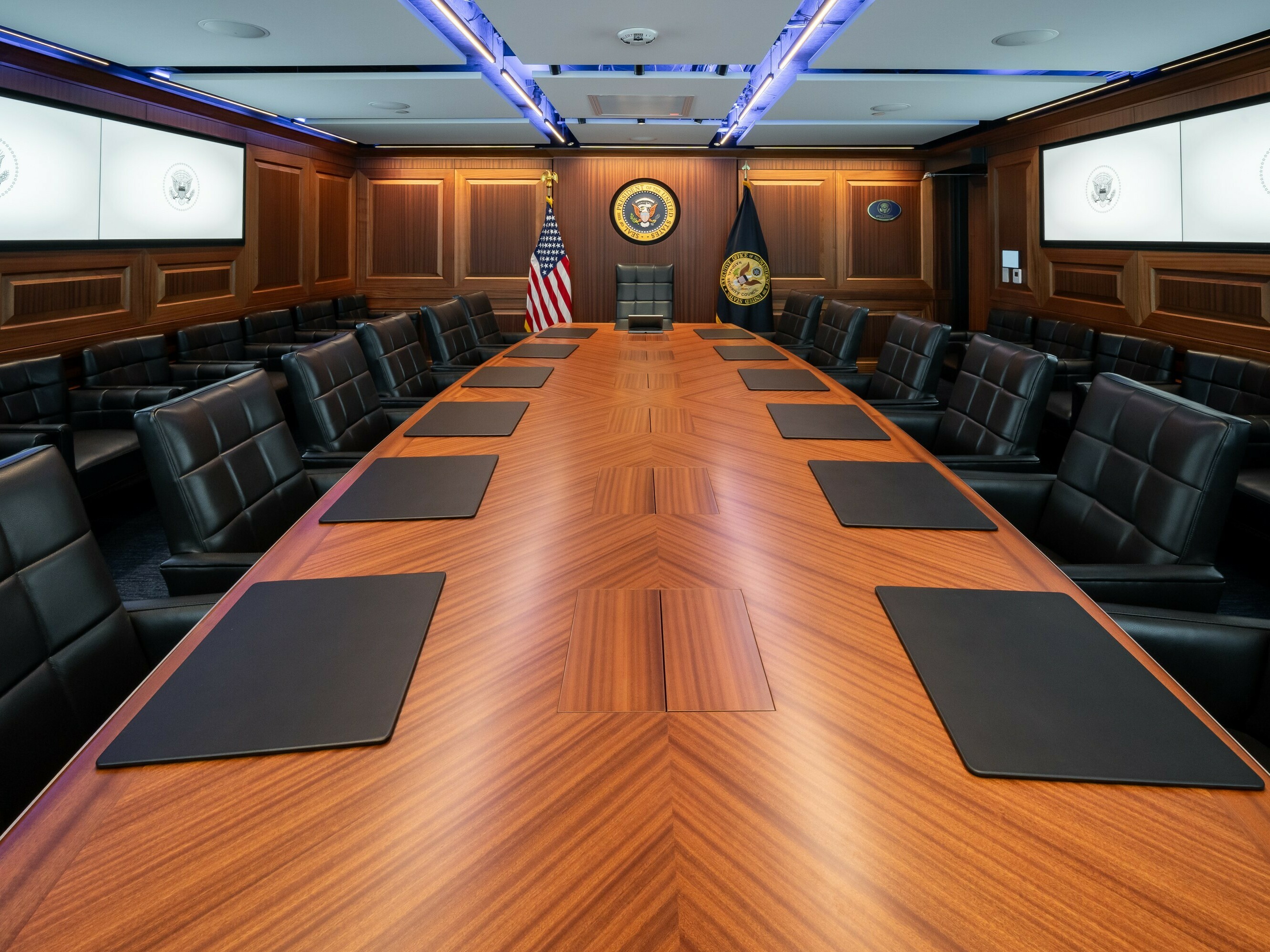 caption: The famous Situation Room was overhauled, including the boardroom where the president and his advisers sit, and the command center where secure calls are coordinated.