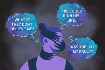 caption: An illustration of a woman with shadowy hands over her mouth and head. She's thinking, illustrated in thought bubbles: What if they don't believe me? This could ruin his life. Was this all my fault? Assets courtesy of Canva. 