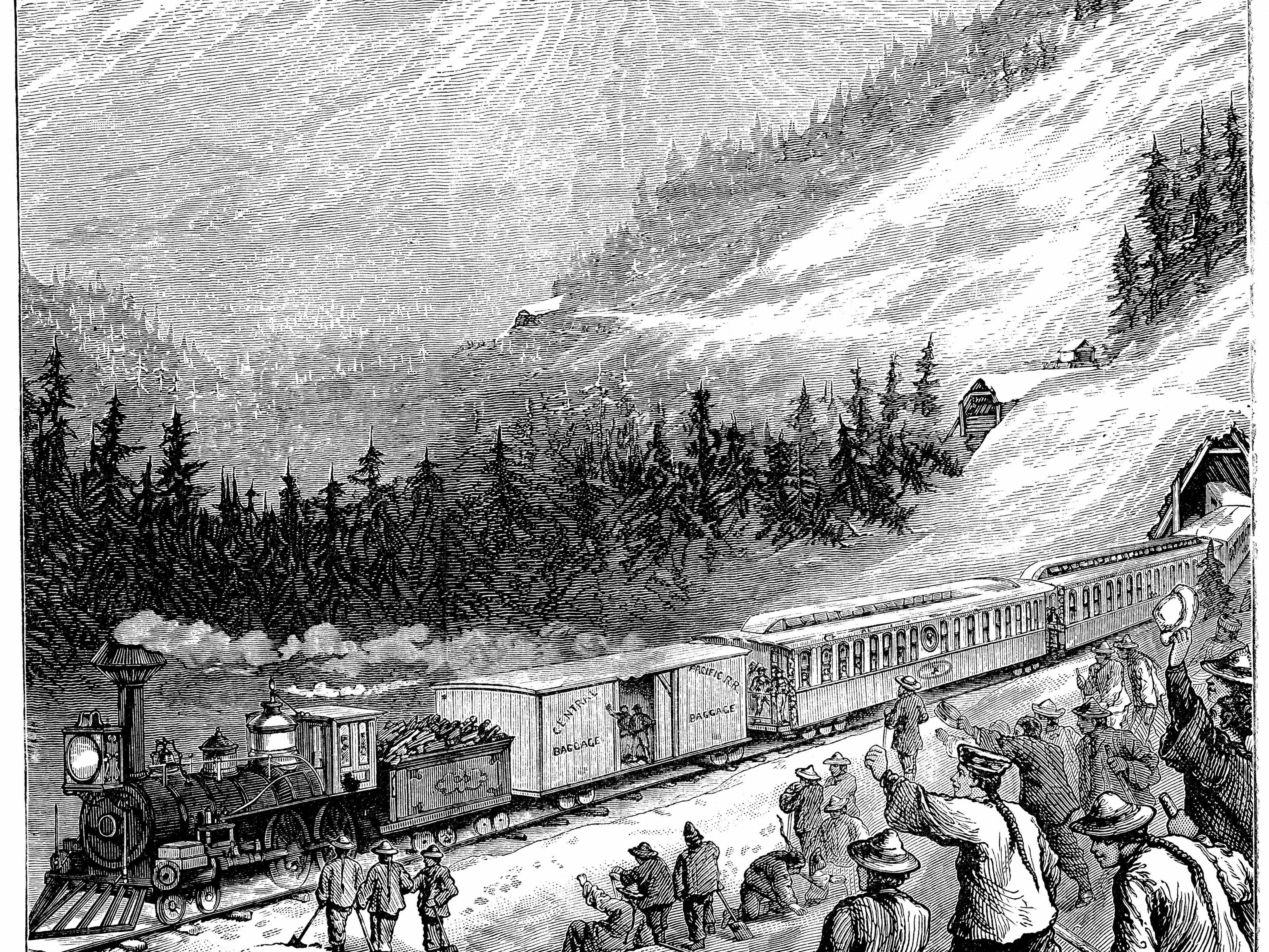 caption: Illustration depicting Chinese laborers clearing snow on the Pacific Railroad in the Sierra Nevada mountains. Dated 19th century.
