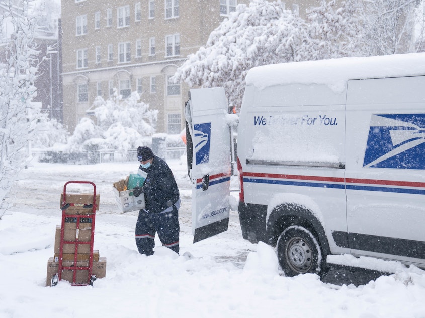 caption: A postal worker carries packages through the snow on Jan. 3 in Washington, D.C.