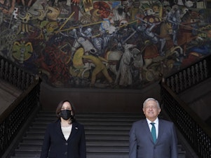 caption: Vice President Harris and Mexican President Andrés Manuel López Obrador discussed migration and economic cooperation Tuesday.