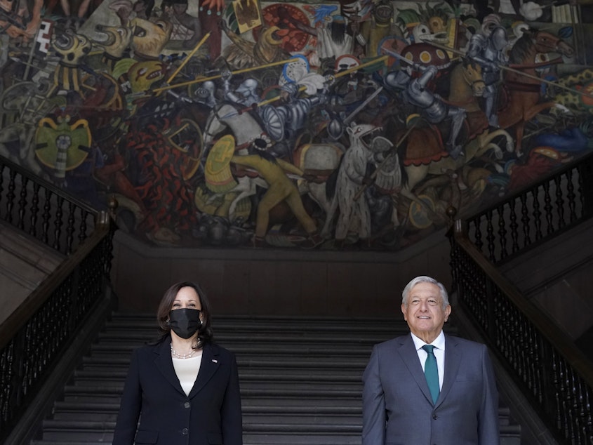 caption: Vice President Harris and Mexican President Andrés Manuel López Obrador discussed migration and economic cooperation Tuesday.