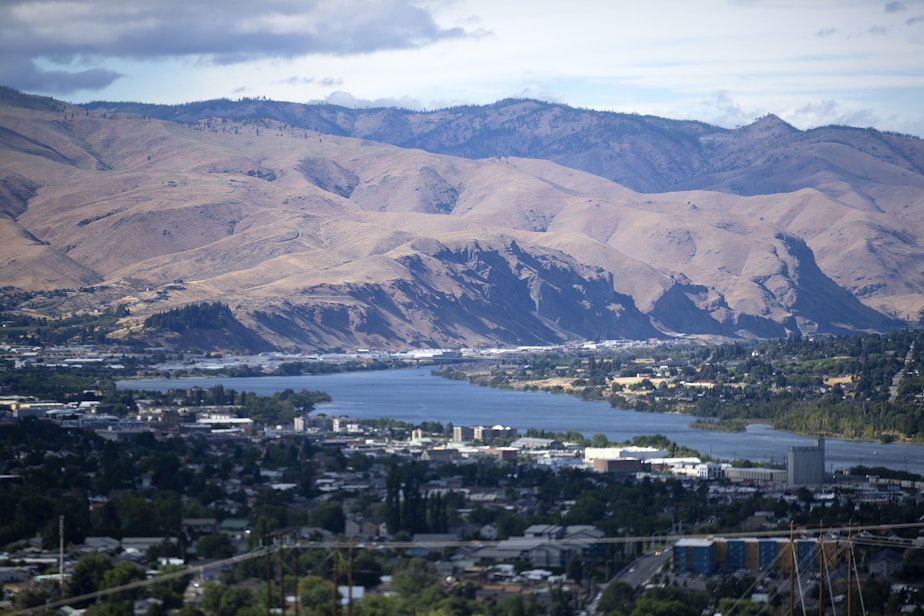 caption: A portion of the Wenatchee Valley and Columbia River is shown on Wednesday, July 9, 2025, in Wenatchee.