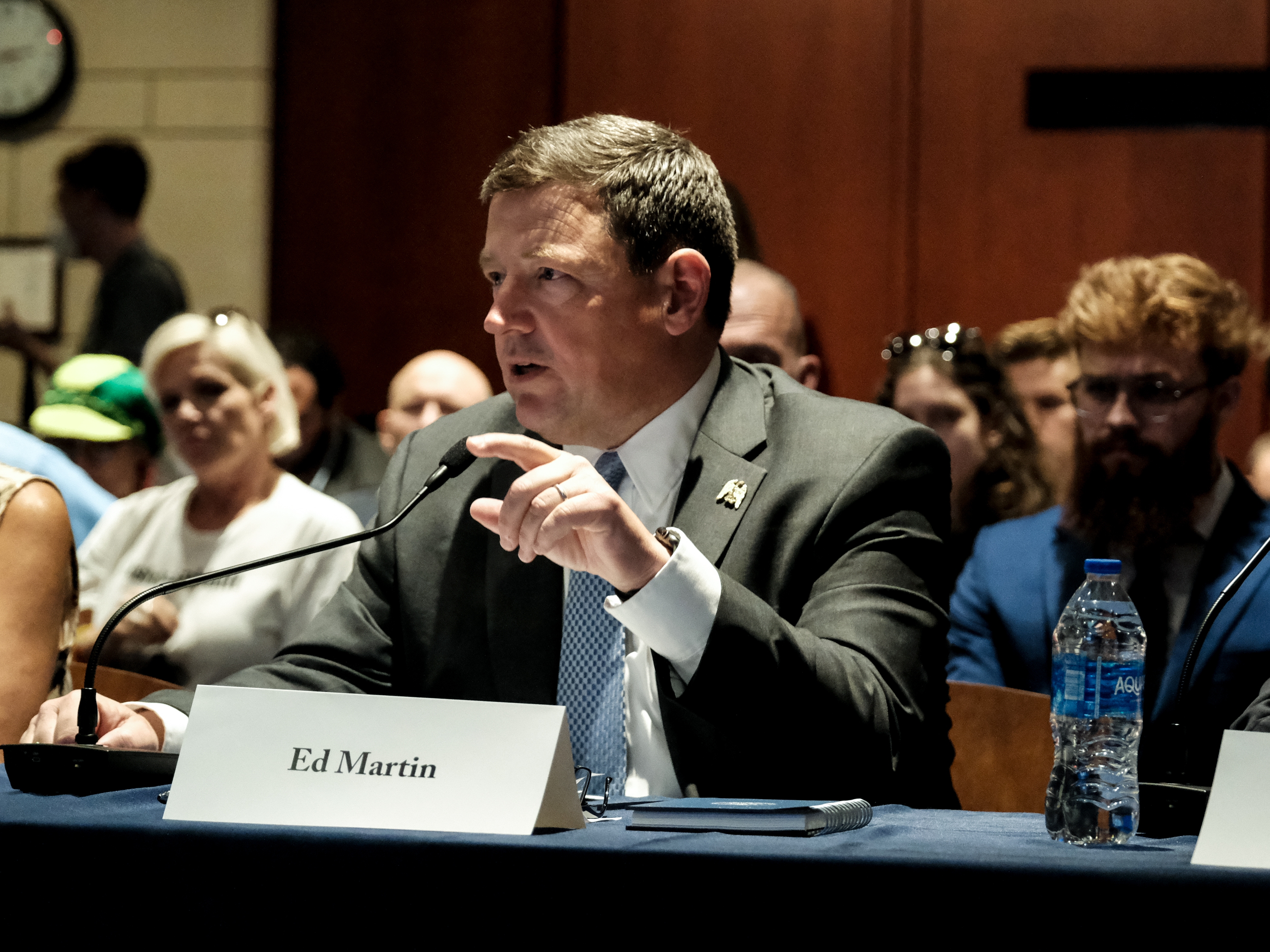 caption: Interim U.S. Attorney for the District of Columbia Ed Martin speaking before his appointment at a hearing on Capitol Hill on June 13, 2023.