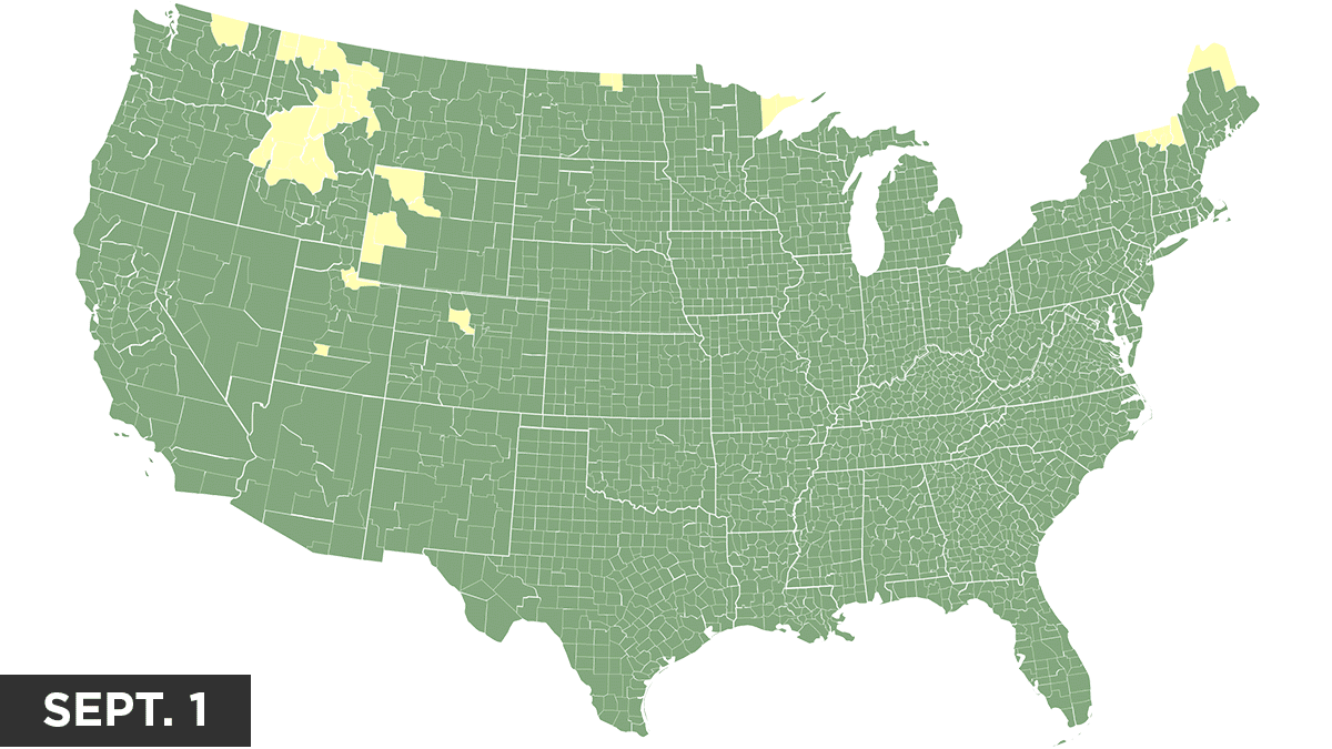 caption: This animated map shows fall leaf color projections from <a href="https://smokymountains.com/fall-foliage-map">SmokyMountains.com</a>. Red indicates peak color.