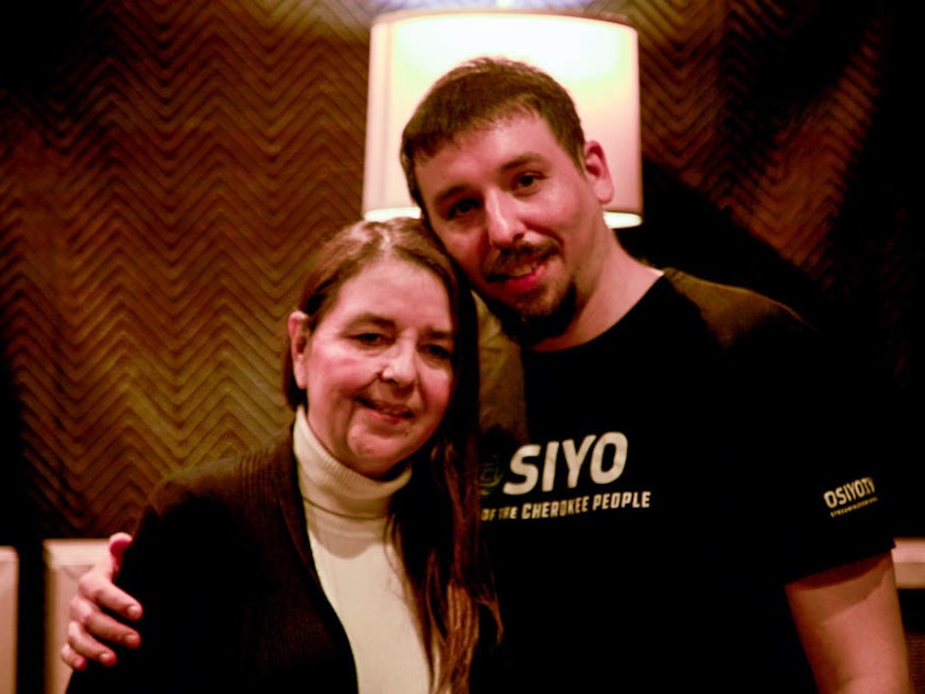 caption: Gina Olaya (left) and Kellen Quinton at their StoryCorps interview in Oklahoma City last month.