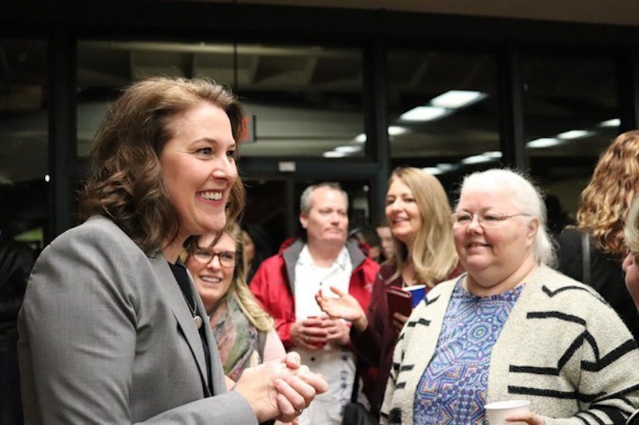 caption: <p>Carolyn Long greets supporters on Election Night in Vancouver, Washington, Tuesday, Nov. 6, 2018.</p>