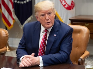 caption: President Trump, pictured in the Roosevelt Room of the White House on June 12, spoke with ABC News about whether he would accept damaging information about a 2020 rival from another government.