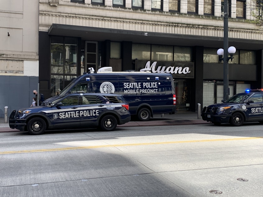 caption: The Seattle Police Department's mobile precinct downtown near Third Avenue and Pine Street.