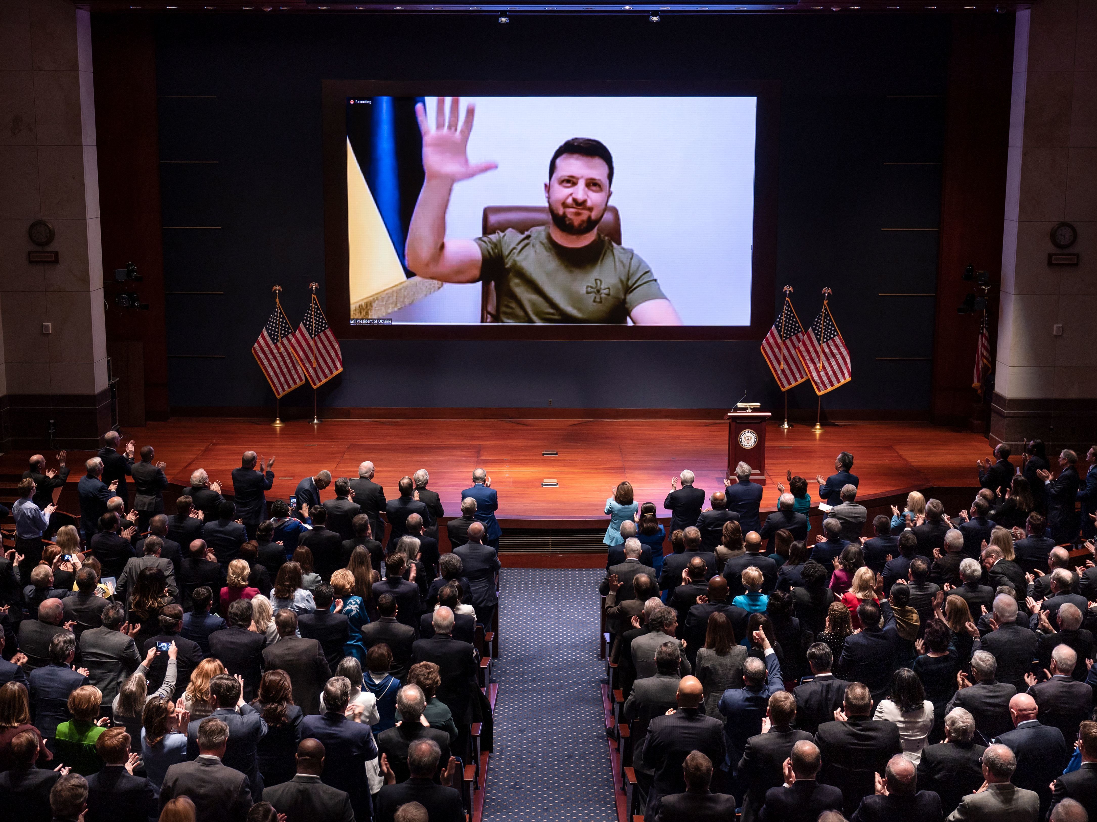 caption: Ukrainian President Volodymyr Zelenskyy addresses the U.S. Congress on March 16, 2022, at the U.S. Capitol in Washington, DC. Since the war began, he has been appealing to world leaders for more support for Ukraine and sanctions on Russia.