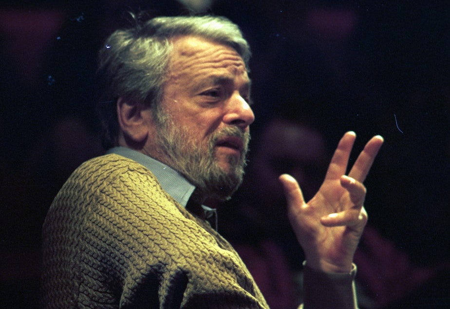 caption: Stephen Sondheim onstage during an event at the Fairchild Theater in East Lansing, Mich., in 1997.