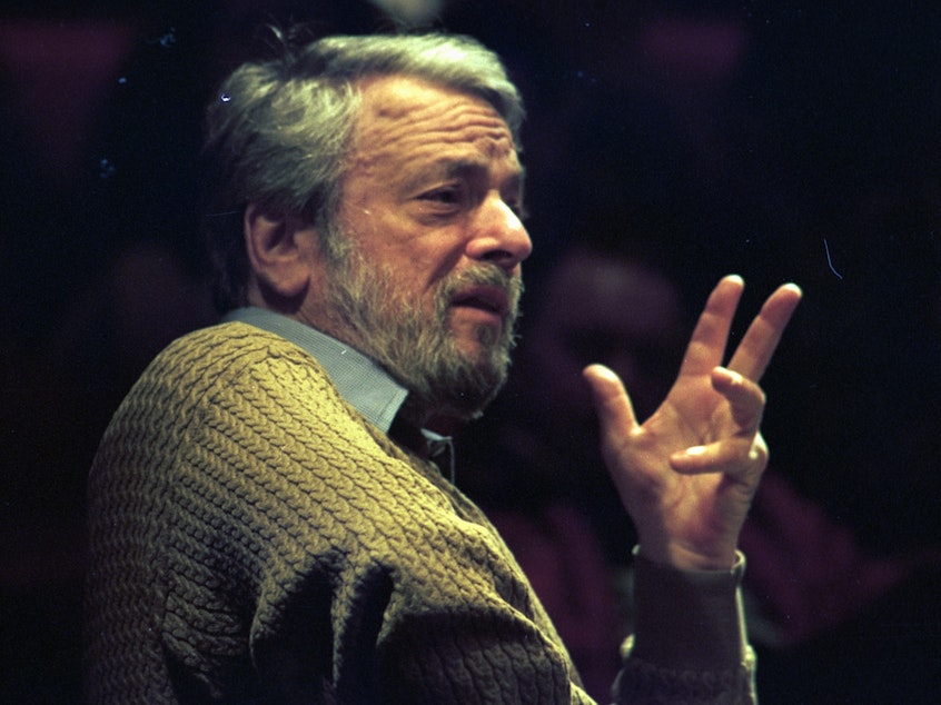 caption: Stephen Sondheim onstage during an event at the Fairchild Theater in East Lansing, Mich., in 1997.